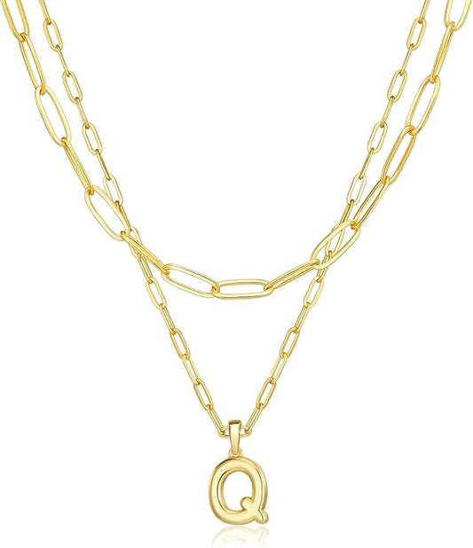 adoyi Gold Necklace for Women Layered Bubble Heart Letter Initial Necklaces for Women Trendy Jewelry 14K Gold Plated Chain Chunky Name Necklace Stack Charm A-Z Pendant Set Jewelry Gifts