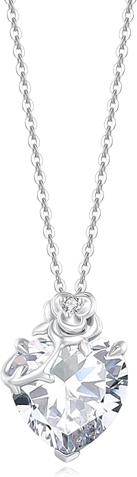 FANCIME 14K Solid White Gold Rose Pendant with Sterling Silver Chain Heart Birthstone Gemstone Fine Jewelry Christmas Gifts for Women Her