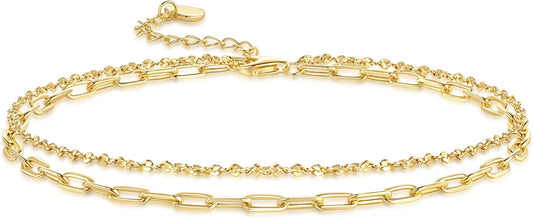 14K Gold Anklets for Women Gold Ankle Bracelets for Women Double-Layer Design Delicate Chain Stacked with Paperclip Link Anklets for Womens ankles bracelets