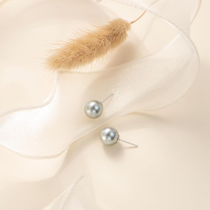 Pearl Necklace 18 inch and Pearl Earrings Studs, Lustrous Gorgeous Imitated Silver/White Pearls Jewelry Set For Women