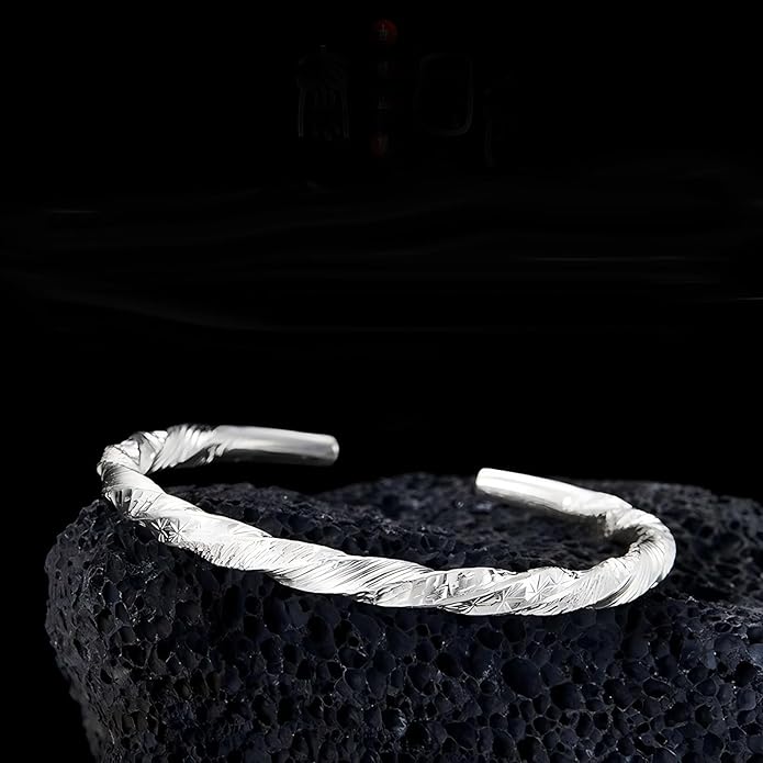 Kim Carrey S925 Sterling Silver Bracelet, Open Bangle Cuff Design, Men's Stacked Bracelets Gift Jewelry for My Man