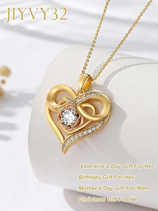 Infinite Heart Birthstone Necklaces for Women Gold Plated Pendant Wedding Anniversary Birthday Gift for Wife Her Mom Grandma Daughter Jewelry with Round Birthstone