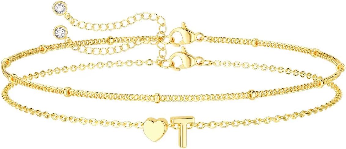 DEARMAY Dainty Initial Heart 14K Gold Plated Bracelets for Women Trendy, Letter Charm Bracelet Jewelry Cute Simple Fashion Chain Gift
