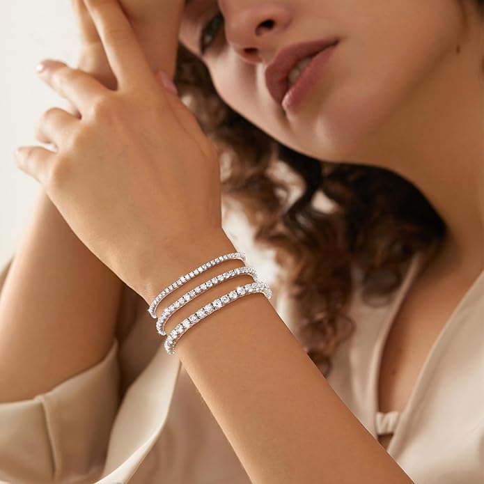 Moissanite Tennis Bracelet 1.52ct-7.76ct Adjustable Bracelet for Women 18K White Gold Plated S925 Sterling Silver Tennis Bracelet D Color VVS1 Round Cut 2/3/4mm Moissanite Bracelet Gifts for Wife/Mom