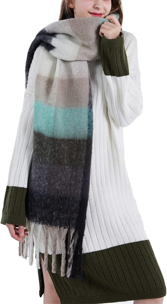SHOHOKU Large Chunky Plaid Scarf Coloured Checked Oversized Scarf Tassel Soft Fall Winter Thick Warm Shawl Women