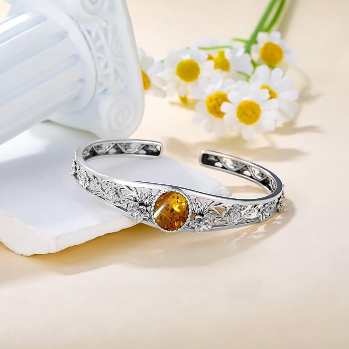 Genuine Turquoise Vintage Flower Bracelet Bangle, Sterling Silver Boho Adjustable Bangle Cuff Native American Jewelry for Women, Fit for 6.5 7 7.5 Inches