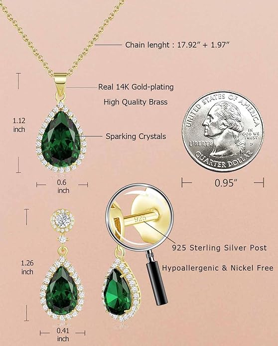 REASAYLL Jewelry Sets For Women 925 Sterling Silver Post Teardrop Dangle Stud Earrings Necklace Set Crystal Rhinestone Wedding Prom Costume Jewelry for Women