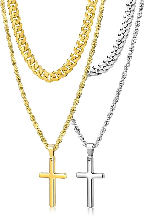 Romass 4Pcs Cross Necklace for Men,Stainless Steel Chains for Men Layered Necklaces Silver Gold Black Pendant Jewelry Box Gifts 18-24 Inches