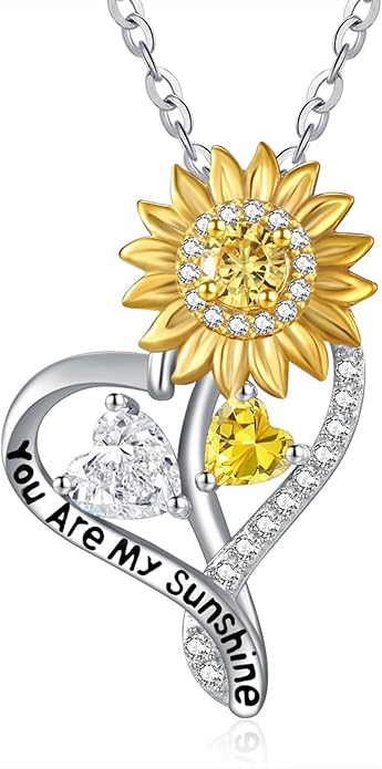 Zeuslia Double Birthstone Necklace Gifts for Wife - 925 Sterling Silver Sunflower/Rose/Crown Cross/Compass/Heart Pendant I Love You Necklace, Anniversary Birthday Gifts for Wife Girlfriend Mom Her