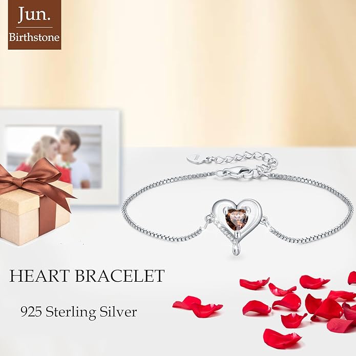 LAVUMO Love Heart Bracelets for Women 925 Silver Charm Birthstone Bracelet Adjustable Anniversary Birthday Jewelry Gifts for Women Girlfriend Wife Daughter Mom Her