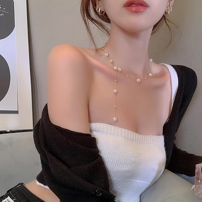 Boho Pearl Y Shape Necklaces for Women, Dainty 14k Gold Plated Pearl Beaded Chain Choker Necklace Trendy Jewelry Accessories Gift