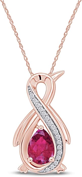 Infinity Penguin Pendant Necklace for Women, 14K Gold Over Sterling Silver with Pear & Round Cut Simulated Birthstone & White Diamond Accents, Dainty Animal Jewelry Gift with 18" Chain