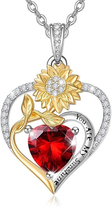 Zeuslia Double Birthstone Necklace Gifts for Wife - 925 Sterling Silver Sunflower/Rose/Crown Cross/Compass/Heart Pendant I Love You Necklace, Anniversary Birthday Gifts for Wife Girlfriend Mom Her