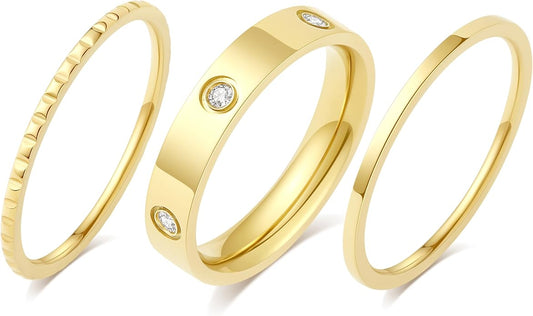Kenizum Elegant 3PCS Cubic Zirconia Stackable Love Rings for Women, 18k Gold-Plated Silver-Plated 316L Stainless Steel Hypoallergenic Jewelry, Easter Anniversary Birthday Gifts for Mom friends Sister