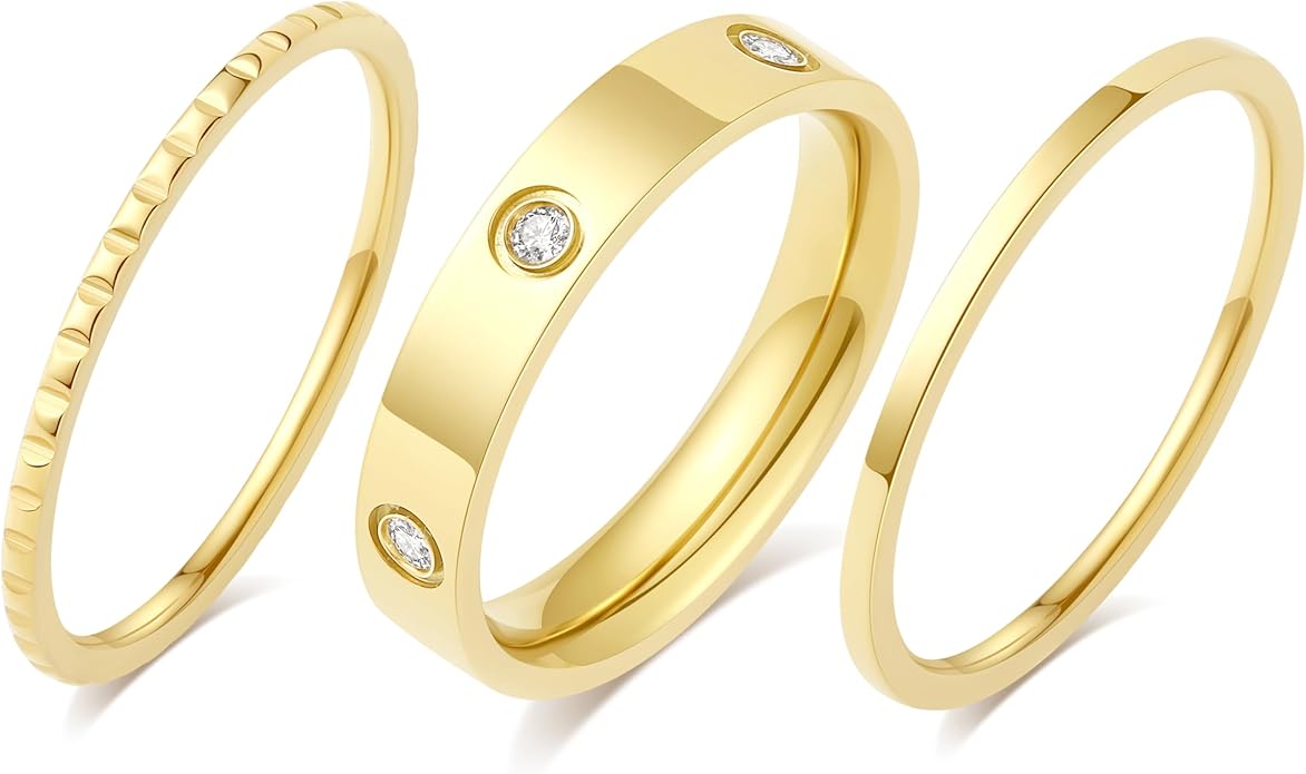 Kenizum Elegant 3PCS Cubic Zirconia Stackable Love Rings for Women, 18k Gold-Plated Silver-Plated 316L Stainless Steel Hypoallergenic Jewelry, Easter Anniversary Birthday Gifts for Mom friends Sister