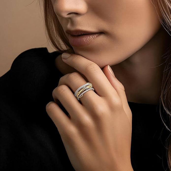 Emibele 14K Gold Plated Stackable Rings for Women, Interlocking Non Tarnish Gold Rings, Silver Dainty Cubic Zirconia Bands, Two-Toned Mixed Metal Stacking Band, Trendy Jewelry Gifts for Women