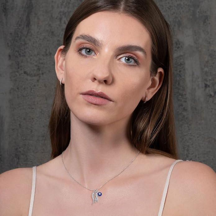 Dainty Blue Evil Eye Charm Horn Pendant Necklace for Women's Spiritual Protection Jewelry 14K Gold Plated