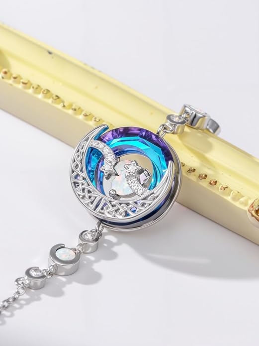 TOUPOP Birthstone Bracelet Moon and Star Bracelet 925 Sterling Silver Blue Crystal Jewelry Birthday Christmas Gifts for Women