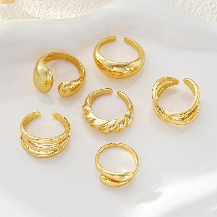 17 MILE Chunky Gold Stackable Rings for Women Non Tarnish, 18K Gold-Plated Statement Open Stacking Rings, Knuckle Band Ring Set