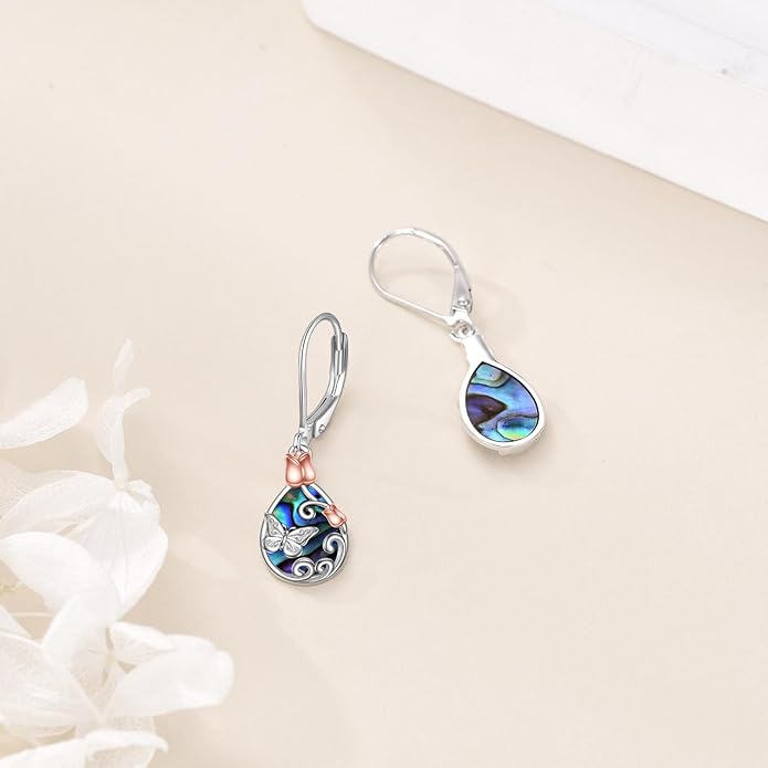 AOBOCO Butterfly/Dragonfly/Bee/Ladybug Leverback Earrings 925 Sterling Silver Rose Lotus Tulip Flower Filigree Dangle Earrings Teardrop Moonstone Larimar Turquoise Abalone Shell Jewelry Birthday Gifts for Women
