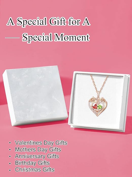 JIYVY32 Rose Heart Necklace for Women Exquisite 925 Sterling Silver Anniversary Birthday Gifts for Wife Mom Her Double Birthstone Pendant Jewelry