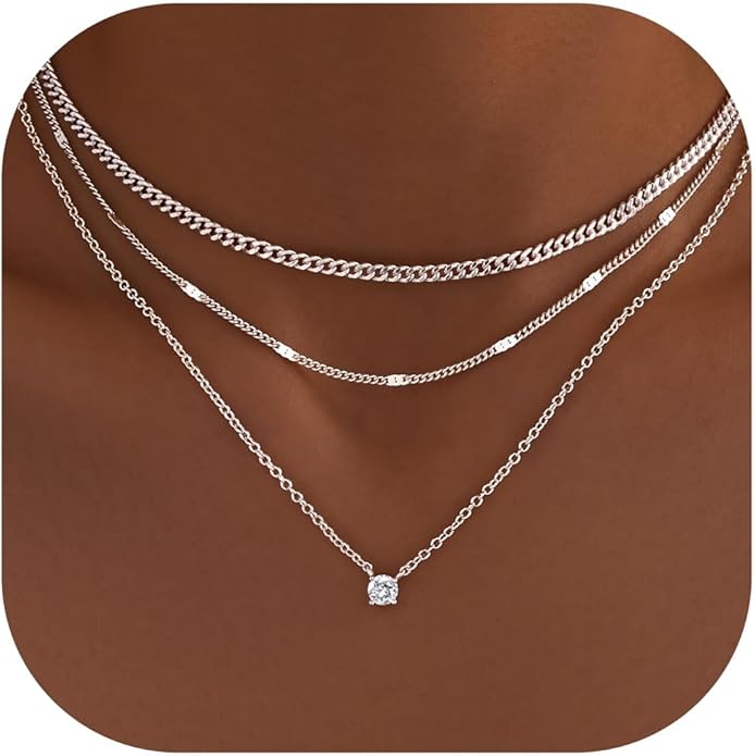 WomenGifts Layered Gold Necklaces for Women, 14K Gold Sterling Silver Plated Dainty Pendant Necklace Set with Cubic Zirconia Circle, Chunky Stackable Cuban Chain Choker, Trendy Personalized Birthstone Jewelry Gift Non Tarnish