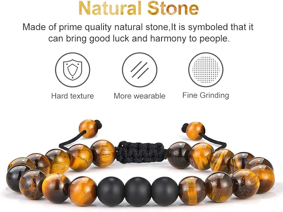 M MOOHAM Natural Stone Bracelets for Men - 8mm Tiger Eye, Matte Agate, Lava Rock - Teen Boys Gifts for Birthday, Anniversary, Christmas