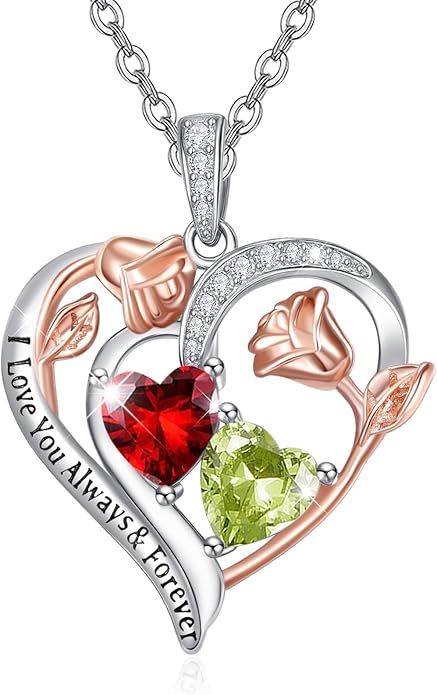 Zeuslia Double Birthstone Necklace Gifts for Wife - 925 Sterling Silver Sunflower/Rose/Crown Cross/Compass/Heart Pendant I Love You Necklace, Anniversary Birthday Gifts for Wife Girlfriend Mom Her