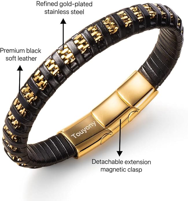 Premium Leather Bracelets for Men Black Leather Gold Plated Bracelets Braided Leather Wristbands Accessories Great Ideas for Men's Jewelry
