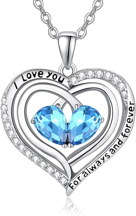 Zeuslia Double Birthstone Necklace Gifts for Wife - 925 Sterling Silver Sunflower/Rose/Crown Cross/Compass/Heart Pendant I Love You Necklace, Anniversary Birthday Gifts for Wife Girlfriend Mom Her