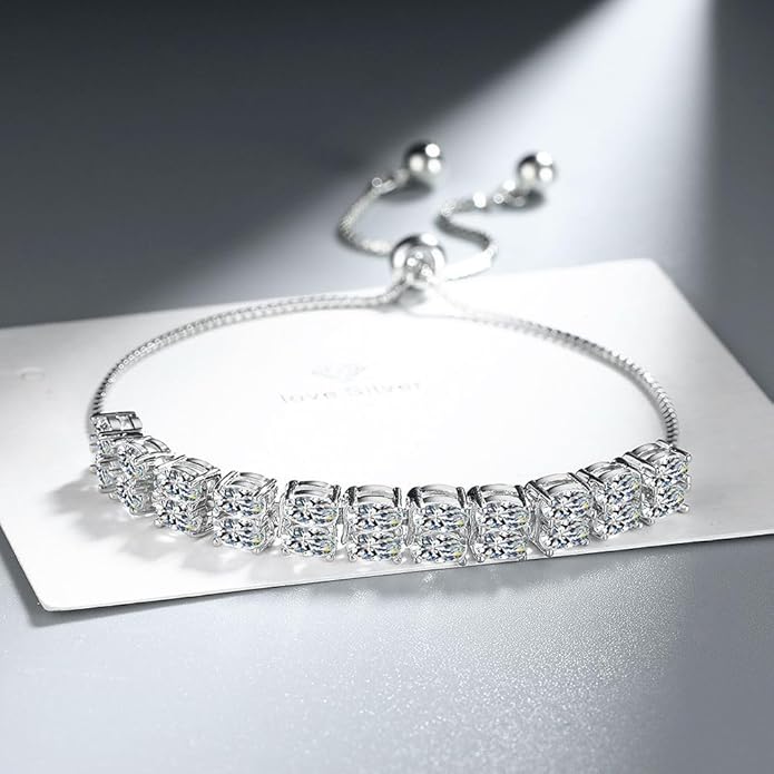 Italian Sterling Silver Women's Tennis Bracelets | Ladies' Sterling Silver Rope Adjustable Bracelet with Crystals | Gift for She