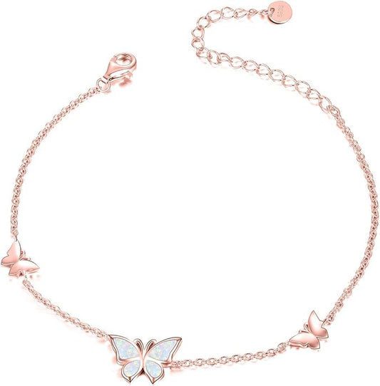 WINNICACA Sterling Silver Butterfly Bracelet Anklet Created Opal Butterfly Jewelry Gifts for Women Birthday Christmas Day Gifts