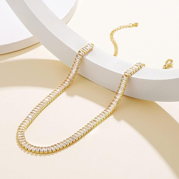KissYan Diamond Tennis Necklace for Women, 14K/White Gold Plated Cubic Zirconia Baguette Tennis Chain Chunky Paperclip Link Cuban Choker Necklace Dainty Jewelry Gifts