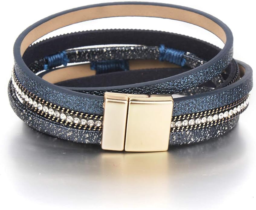 FANCY SHINY Leather Wrap Bracelet Boho Cuff Bangle Bracelets Crystal Bead Bracelet with Magnetic Clasp Jewelry Gifts for Women