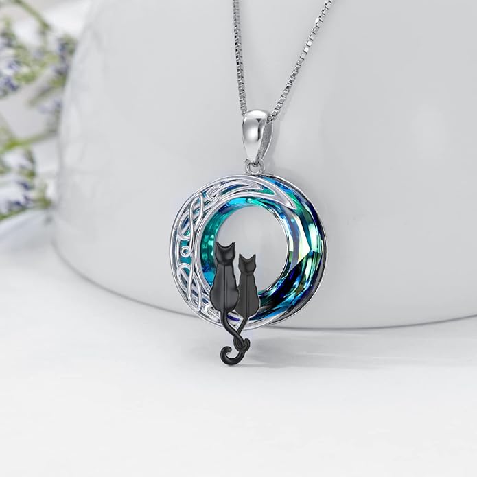 TOUPOP Christmas Cat Gifts for Cats Lovers One Two Three Four Cats Necklace Sterling Silver Cats on the Moon Pendant Necklace with Blue Circle Crystal Birthday Christmas Celtic Jewelry Gifts for Women
