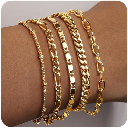 Gold Bracelets for Women Trendy,14K Gold Plated Dainty Stackable Paperclip Cuban Link Chain Bracelets, Simple Cute Cuff Bracelets Jewelry Set Adjustable 7"+2"