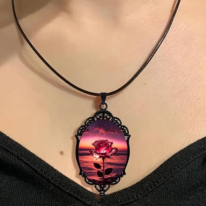 Gothic Rose Glass Necklace for Women Vintage Satan Demon Pendant Halloween Roses Necklaces Dark Punk Style Necklace Victoria Emboss Necklaces Mystic Witch Jewelry Gift Accessories