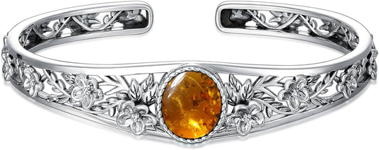 Genuine Turquoise Vintage Flower Bracelet Bangle, Sterling Silver Boho Adjustable Bangle Cuff Native American Jewelry for Women, Fit for 6.5 7 7.5 Inches