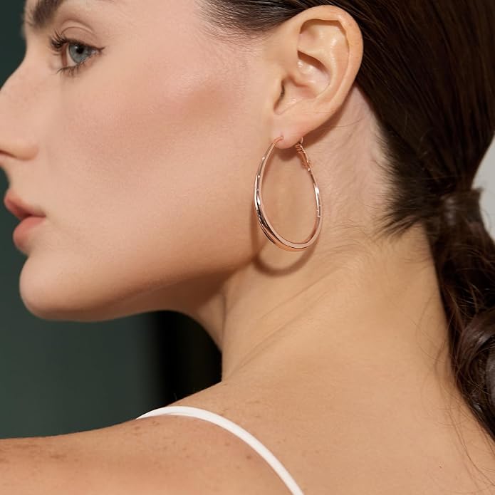 Lightweight Oval Hoop Earrings for Women - 14K Gold Plated, Rose Gold Plated and Sterling Silver Plated Large Oblong Hoop Earrings for Women Statement Jewelry Gift