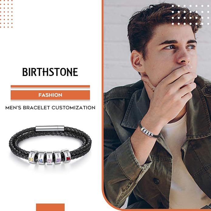 kaululu Custom Leather Bracelet for Men with 1/2/3/4/5/6/7/8 Birthstones Engraved Stainless Steel Beads Personalized Names Bracelet for Father's Day Christmas Thanksgiving Gift for Men