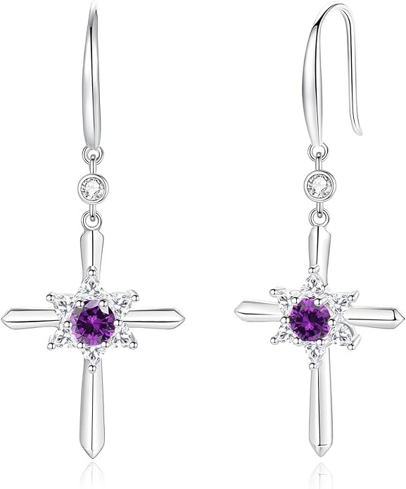 FANCIME Cross Dangle Drop Earrings 925 Sterling Silver Dainty Round Birthstone Earring Fine Jewelry Birthday Gifts for Her Women