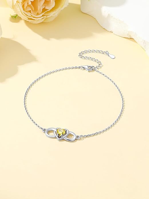 Custom4U Personalized Infinity Ankle Bracelets for Women 925 Sterling Silver Anklet Bracelet Endless Love Symbol Birthstone Charm Adjustable Foot Chain Jewelry Mothers Day Gifts for Mom Wife Women Her