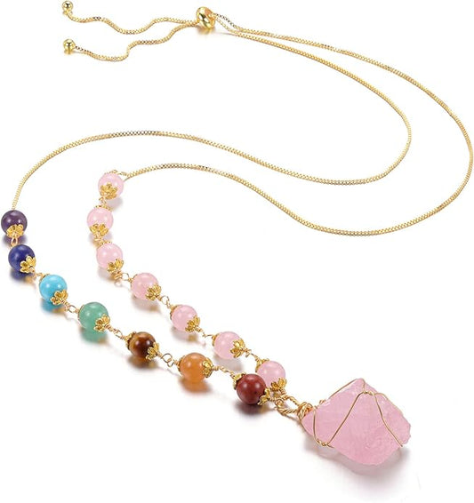 Jovivi Healing Stone Necklaces 7 Chakra Beads Necklace for Women Adjustable 14K Gold Plated Wire Wrapped Raw Quartz Crystal Pendant Necklace Gemstone Jewelry Mothers Day Gift