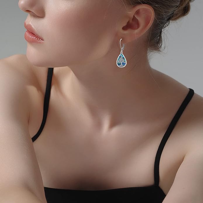 Sterling Silver Tree of Life/Flower/Bee/Animals/Cat/Hummingbird Dangle Earrings Moonstone Turquoise Drop Leverback Earrings Jewelry Gifts