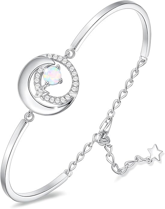FANCIME Birthstone Bracelets 925 Sterling Silver Moon and Star Bangle Charm Bracelet Fine Jewelry Birthday Anniversary Christmas Day Gift for Her Women, Adjustable Chain 6.7"+1.2" Extend