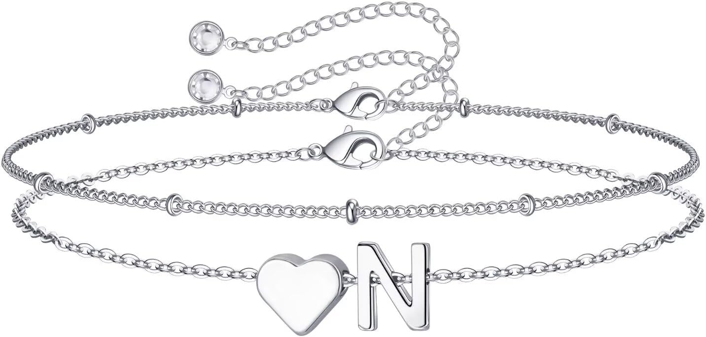 M MOOHAM Christmas Gifts for Grandkids Teens Girls -14K-Gold-Plated Heart Initial Bracelets for Women Girl Dainty Gold Bracelets Birthday Gift Stocking Stuffers for Women Teenage Girls Kids Gifts