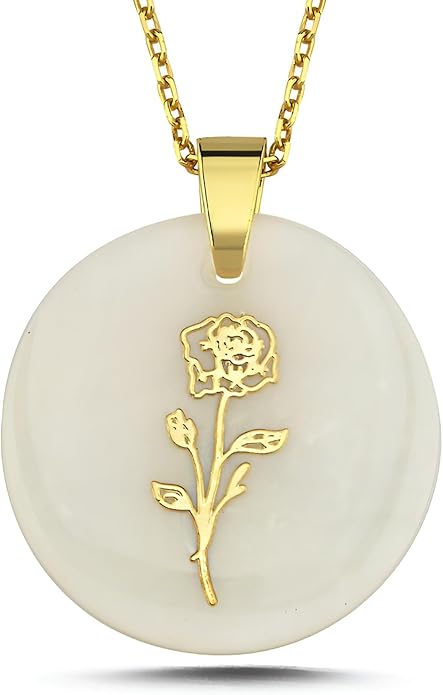 ONTHOLOGIE Birth Month Flower Necklace on Natural Mother of Pearl, 925K Sterling Silver Pendant Birth Flower Necklace, Personalized Birth Month Jewelry, Meaningful Gift for Women