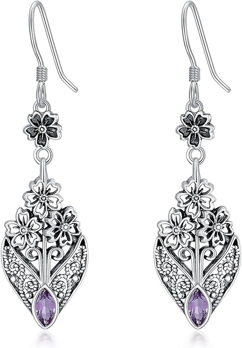 Vintage Floral Filigree Marquise Cut Gemstone Drop Earrings, 925 Sterling Silver Antique Dangle Earrings, Boho Jewelry Gift for Women