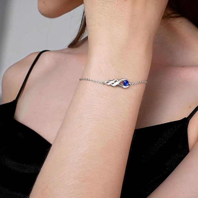 Birthstone Bracelets for Women 925 Sterling Silver Created Gemstone Bracelet Infinity Pendant Jewelry for Her, 6.7"+1.2"