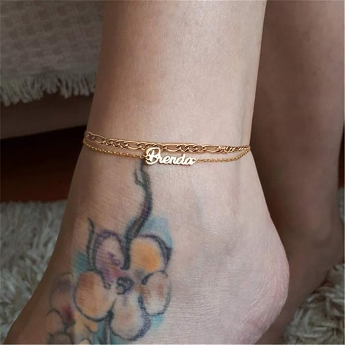 Personalized Name Ankle Bracelet for Women Custom Layered Name Anklet with Initials 18K Gold Plated Graduation Gift Customized Anklets for Women 8.7”-10.7”